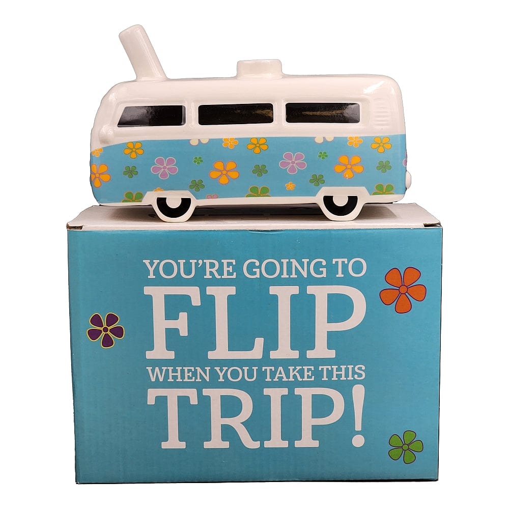 A front view of the Vintage Bus and Stash Jar, showing a colorful ceramic bus with floral details on a white background.