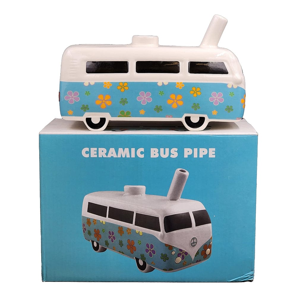 Front view of the Vintage Bus and Stash Jar, a colorful ceramic bus with floral patterns against a plain white backdrop.