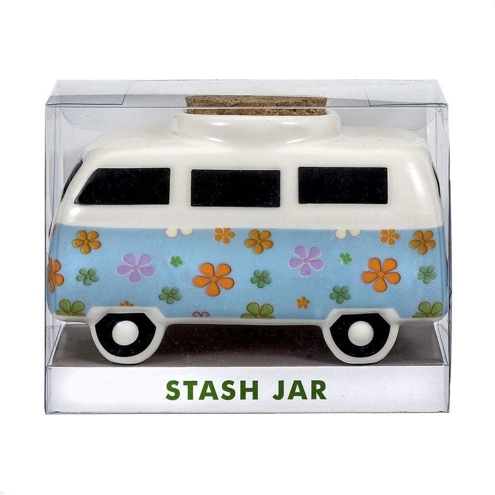 Front view of the Vintage Bus and Stash Jar, a colorful ceramic jar shaped like a vintage van.