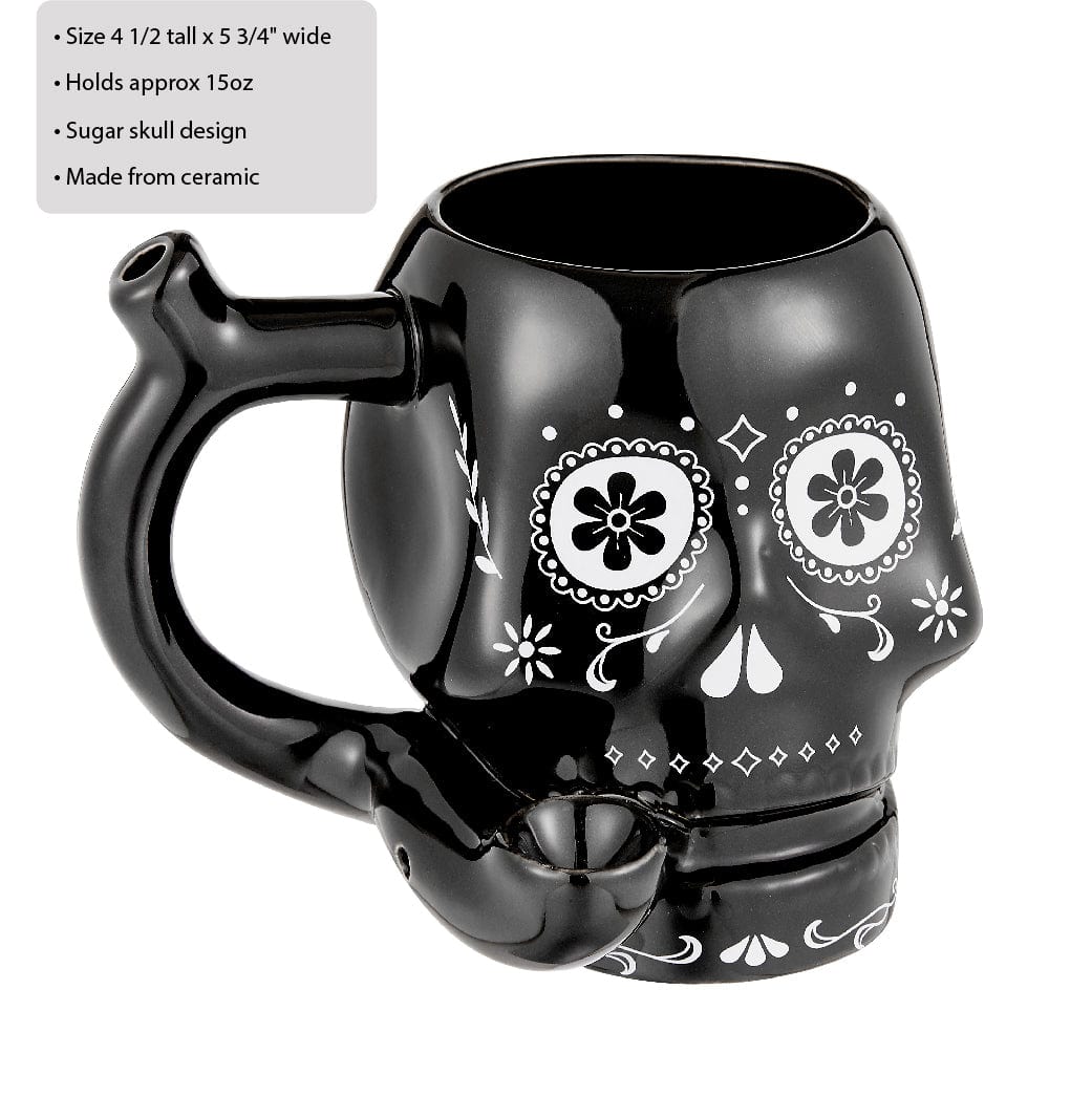 Front view of the Sugar Skull Pipe Mug, a ceramic mug sculpted as a colorful skull with a pipe extending from the top.