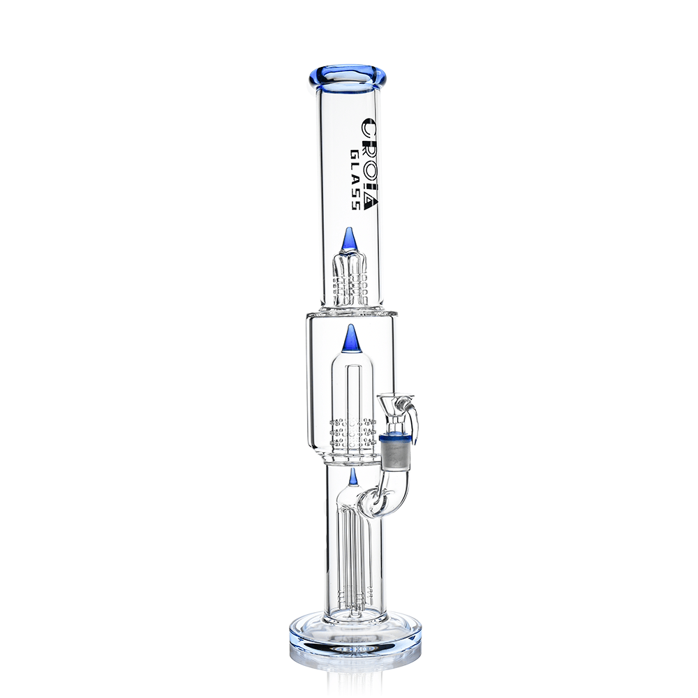 Straight-on view of the Croia Glass 16" Triple Rocket-Perc Scientific Glass Bong showing clear glass with blue accents.