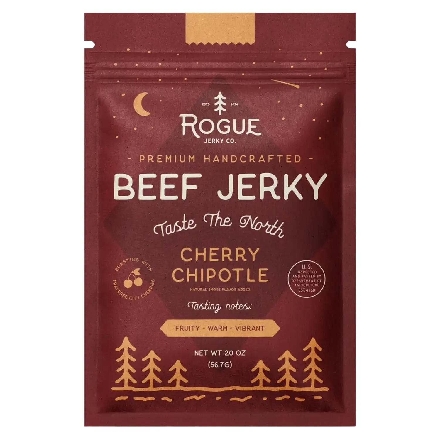 Front view of Cherry Chipotle Beef Jerky packaging featuring bold text and a rustic, weathered aesthetic.