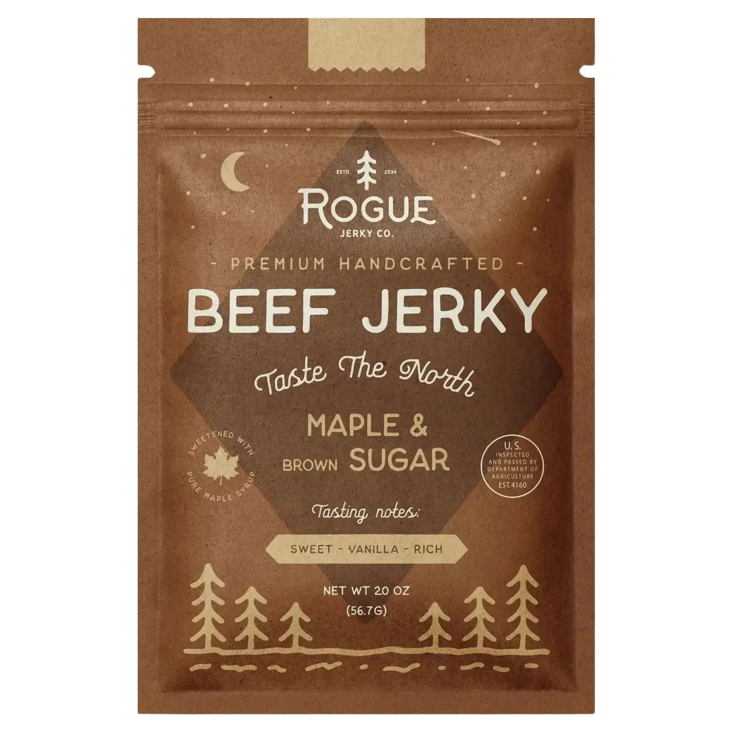 Front view of Maple & Brown Sugar Beef Jerky packaging with a rustic design and text in shades of brown and cream.