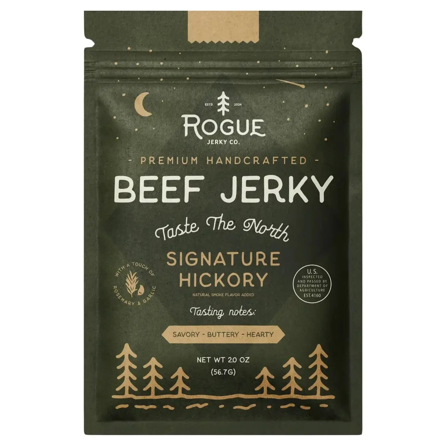 Signature Hickory Beef Jerky packaging displayed at a slight angle, featuring a dark background with white text and a small leaf graphic.