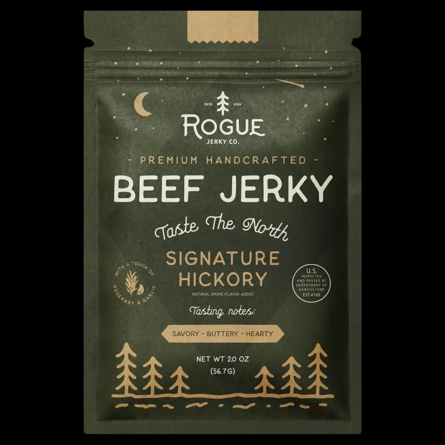 Signature Hickory Beef Jerky packaging with a vintage design, featuring bold lettering and a stylized leafy branch.
