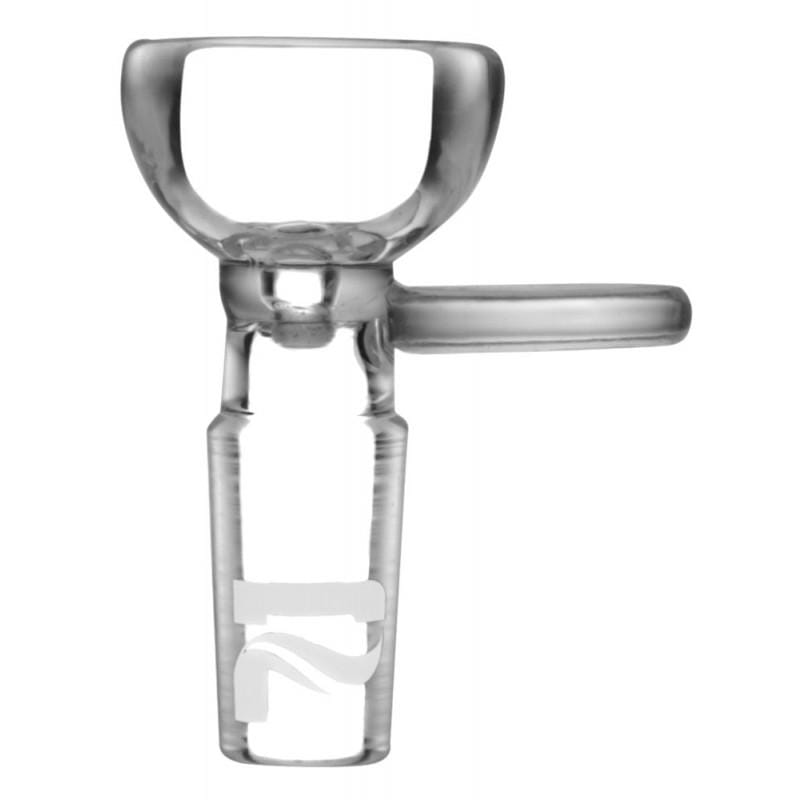 Close-up side view of the clear Pulsar Rounded Bowl Herb Slide W/ Handle showing its rounded bowl, short handle, and 14mm male joint.