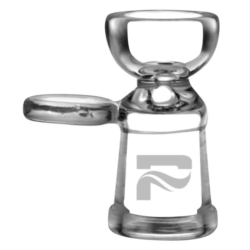 Close-up front view of the Pulsar Rounded Bowl Herb Slide W/ Handle showing its clear glass rounded bowl, short handle, and tapered joint against a white background.