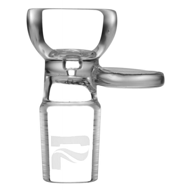Close-up side view of the clear Pulsar Rounded Bowl Herb Slide W/ Handle showing its rounded bowl, short stem and right-side handle against a white background