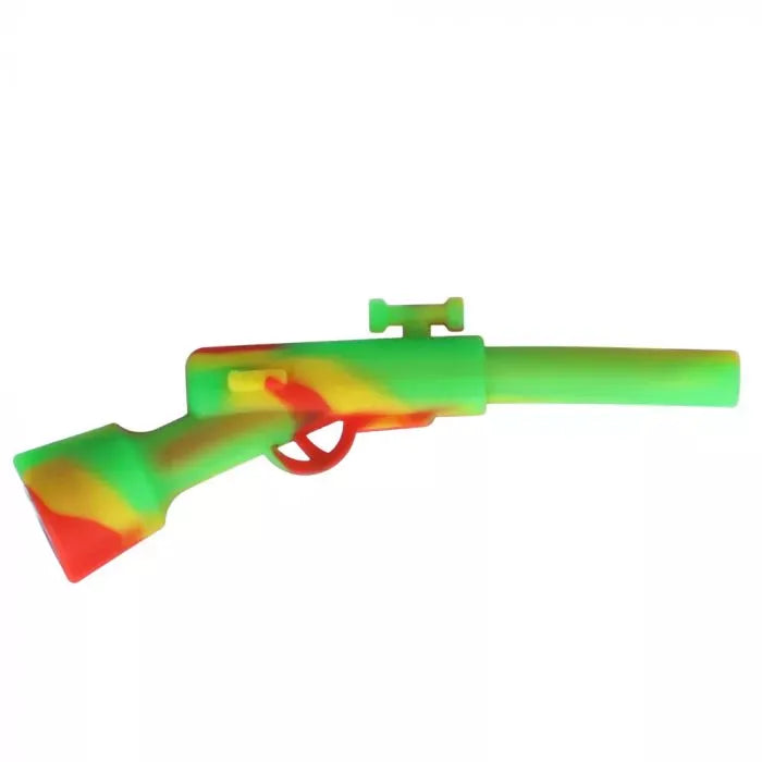 Side profile of the Silicone Shotgun Hand Pipe with Insert Metal Bowl in swirled green, yellow, and red silicone resembling a toy rifle.