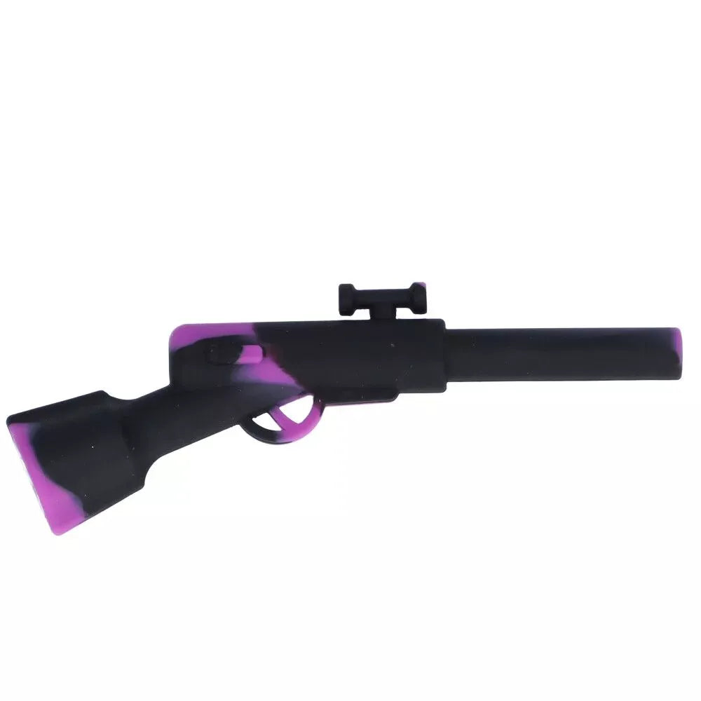 Side profile of a black-and-purple Silicone Shotgun Hand Pipe with Insert Metal Bowl resembling a toy rifle on a white background.