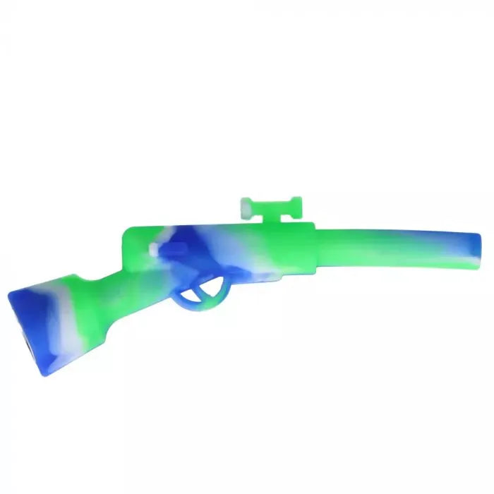 Side view of a green, blue, and white Silicone Shotgun Hand Pipe with Insert Metal Bowl styled like a rifle on a white background