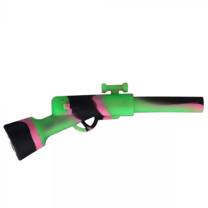 Side view of a green, black, and pink Silicone Shotgun Hand Pipe with Insert Metal Bowl styled like a toy rifle on a white background