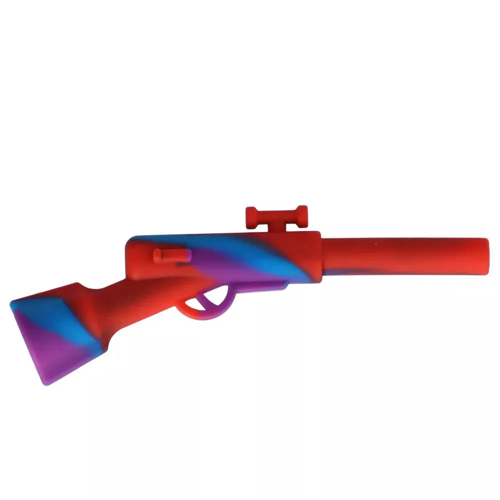 Side profile of a multicolored Silicone Shotgun Hand Pipe with Insert Metal Bowl showing its rifle-like shape, scope detail, and red-blue-purple swirls.