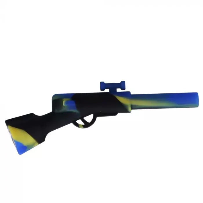 Side view of a Silicone Shotgun Hand Pipe with Insert Metal Bowl in blue, yellow, and black camouflage-like swirls on a white background.