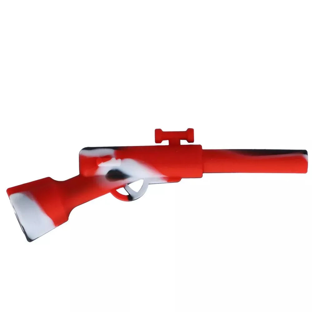 Side profile of the Silicone Shotgun Hand Pipe with Insert Metal Bowl in red, white, and black swirled silicone shaped like a rifle on a white background.