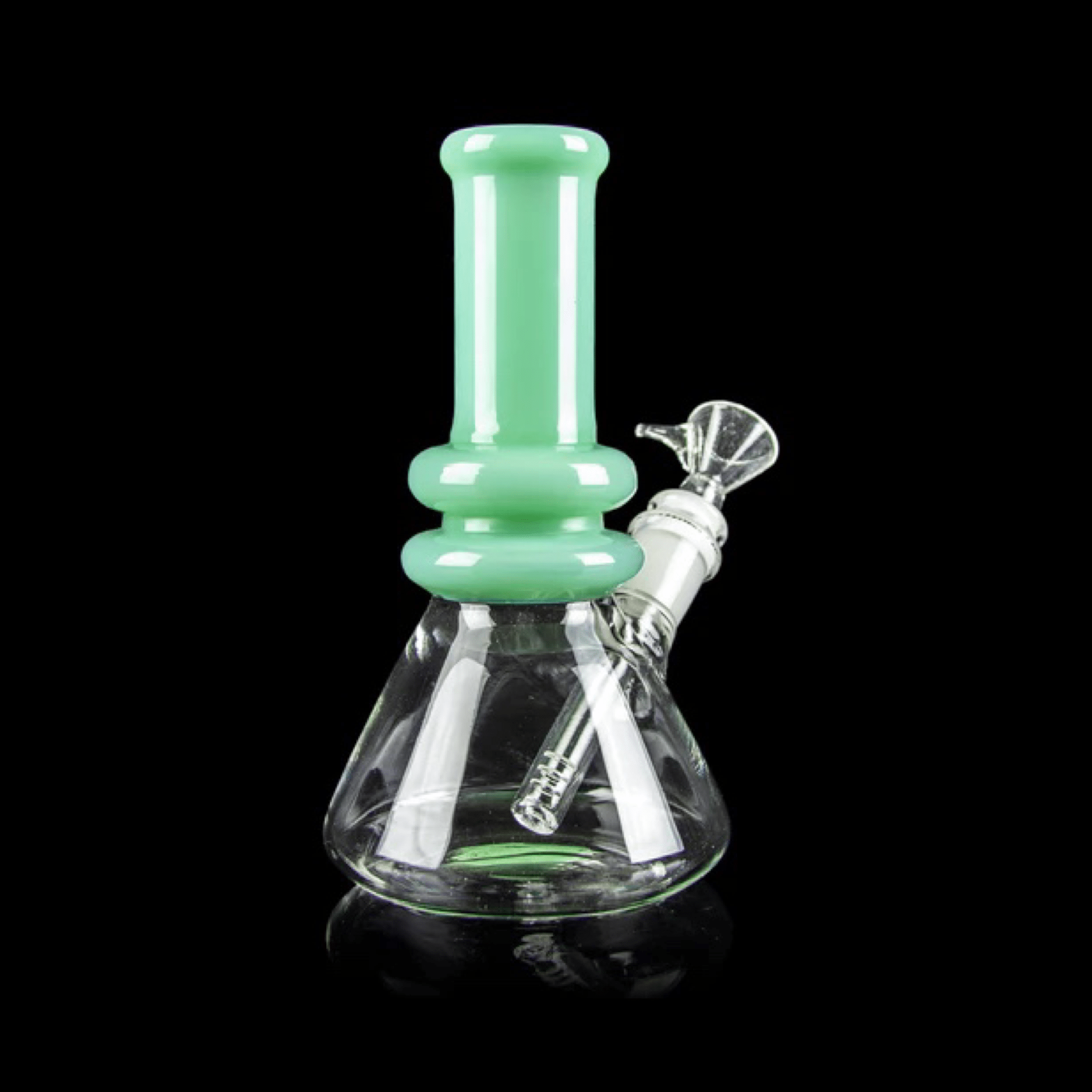 Front view of the Minty Bong, a light green glass water pipe reflecting on a glossy black surface.