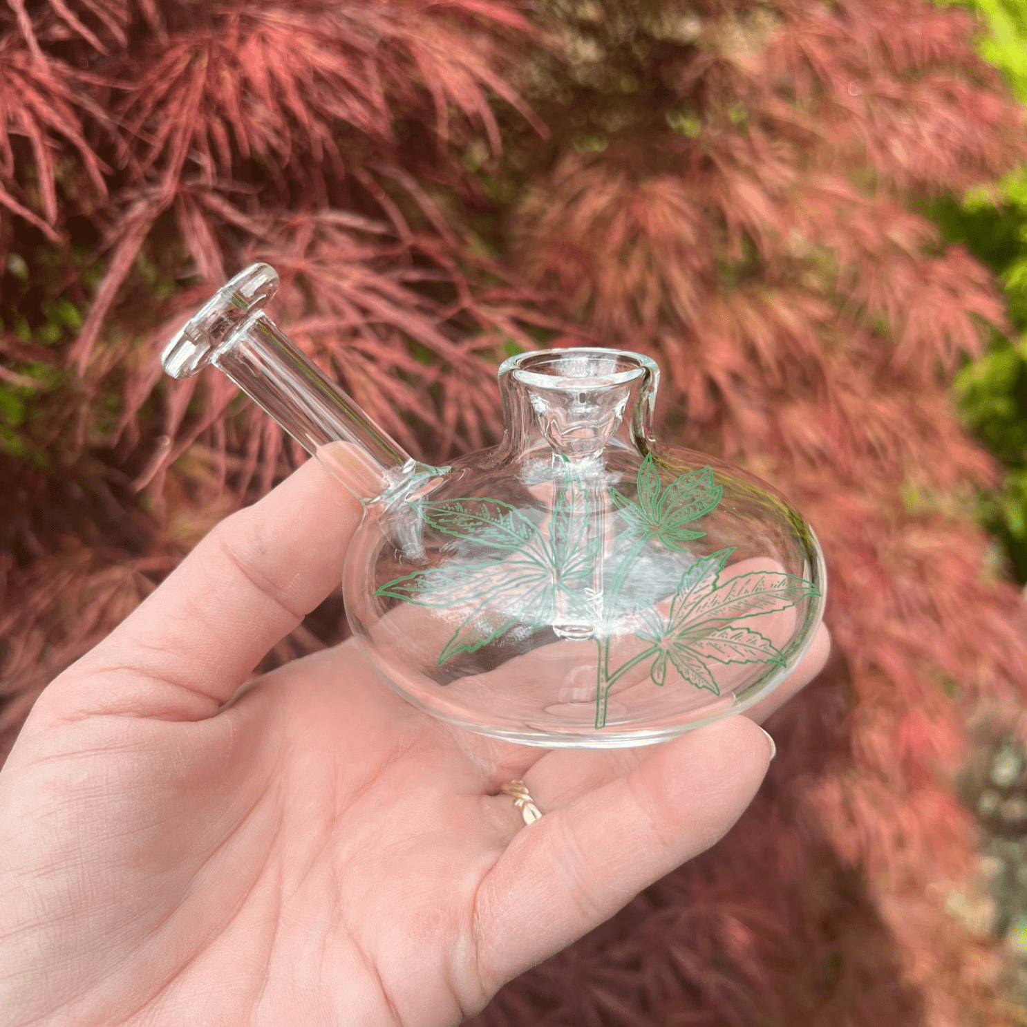 A hand holds the Lil Sprout Bubbler, a clear glass piece with a rounded shape and visible joint, against a fuzzy pink backdrop.
