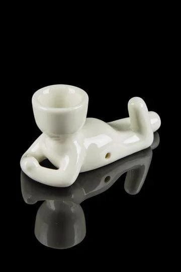 A close-up studio shot of the Pot Head Pipe, showcasing its smooth, sculpted ceramic form against a dark background.