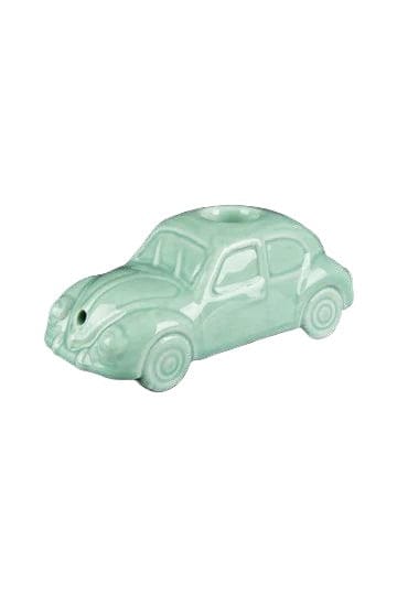 Three-quarter front view of a mint-green VW Beetle Pipe ceramic car with a top bowl opening against a white background