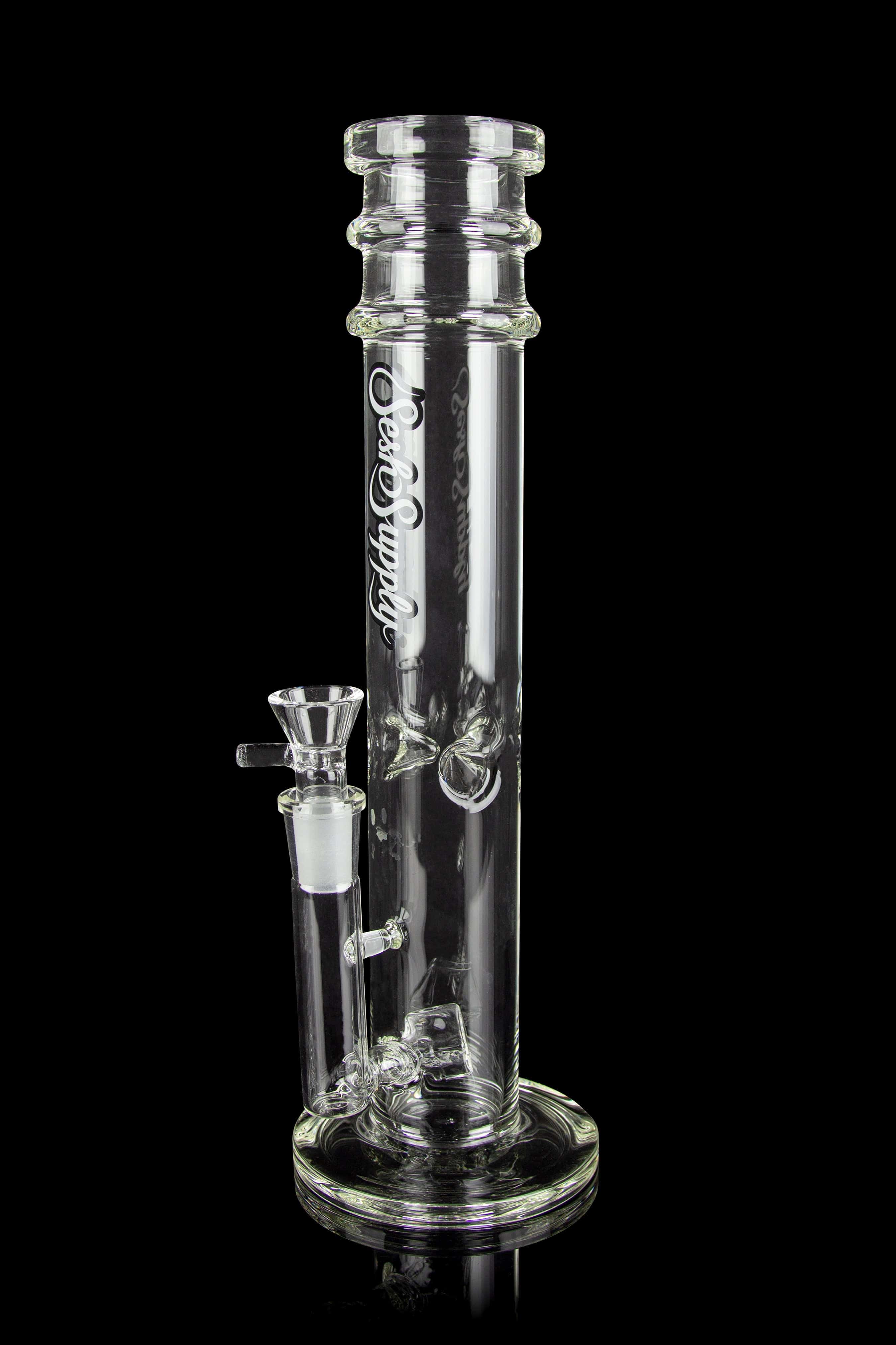 A front view of the Persephone Straight Tube Bong, showcasing its clear glass construction and simple cylindrical shape.