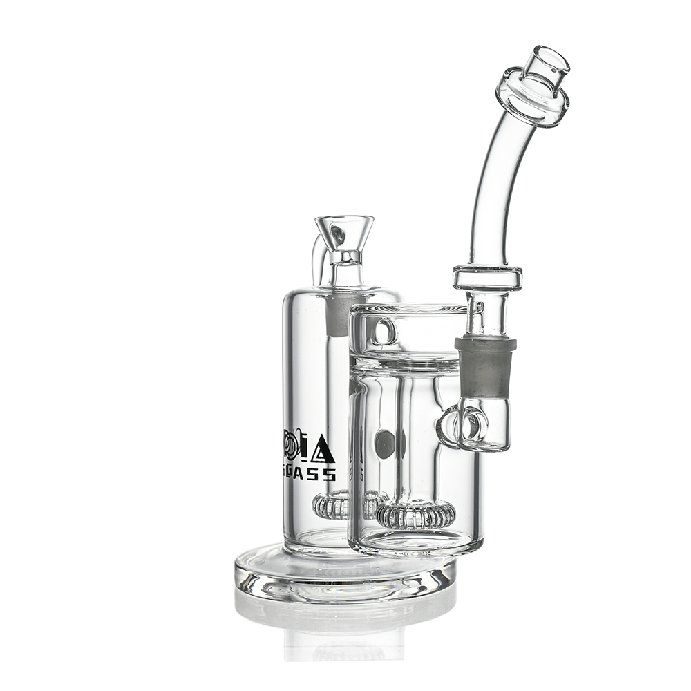 Angled studio shot of the Croia Glass 10" Dual-Chamber External Recycler Bong showing clear glass chambers and percolators.