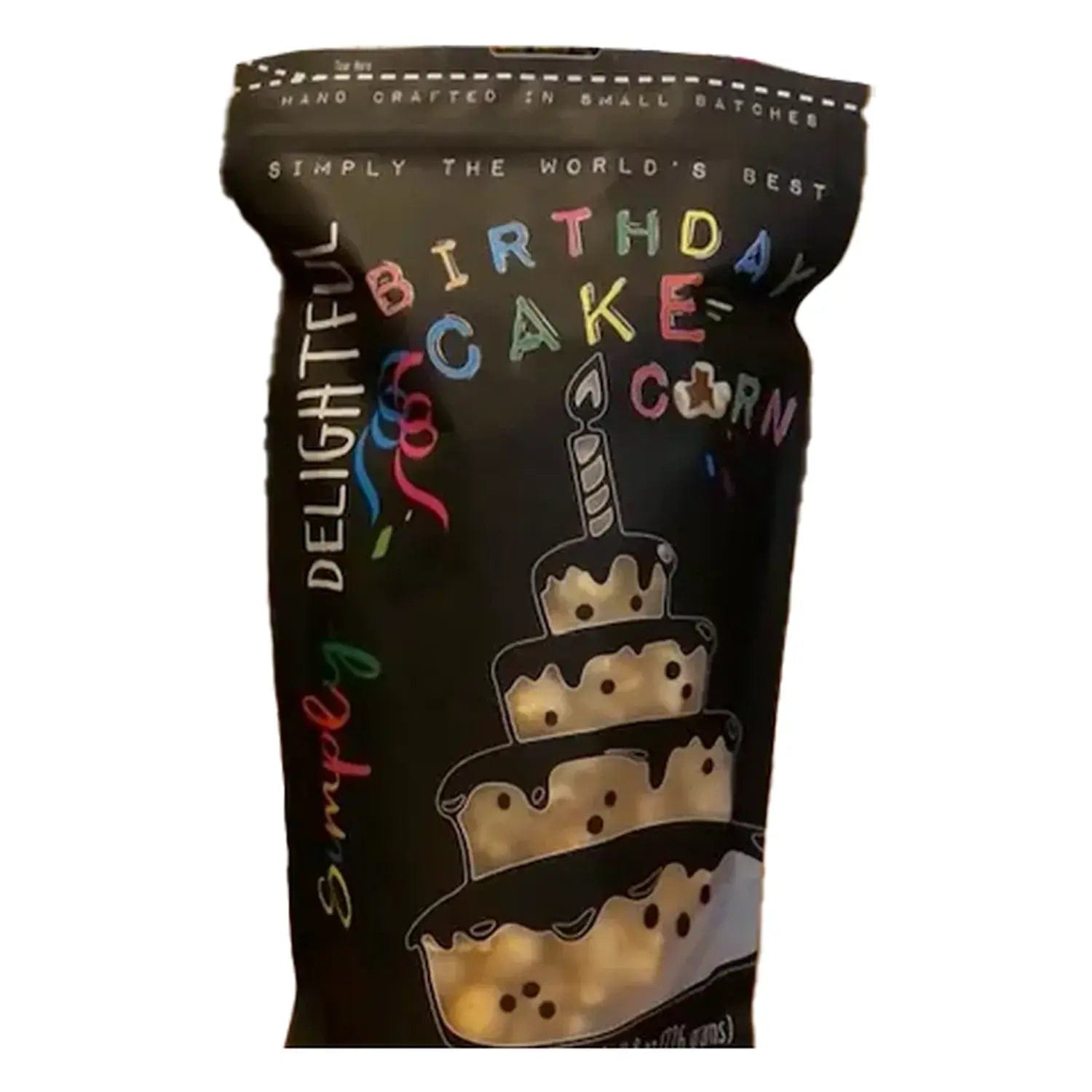 A close-up, angled view of Simply Delightful Birthday Cake Popcorn in a clear bag with a festive, colorful design.