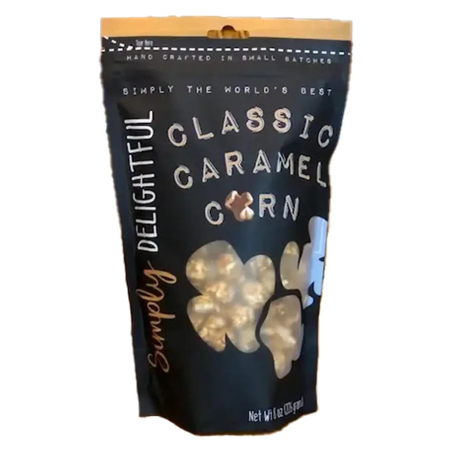 A close-up, front view of Simply Delightful Classic Caramel Popcorn in a clear bag, showcasing its golden-brown color.
