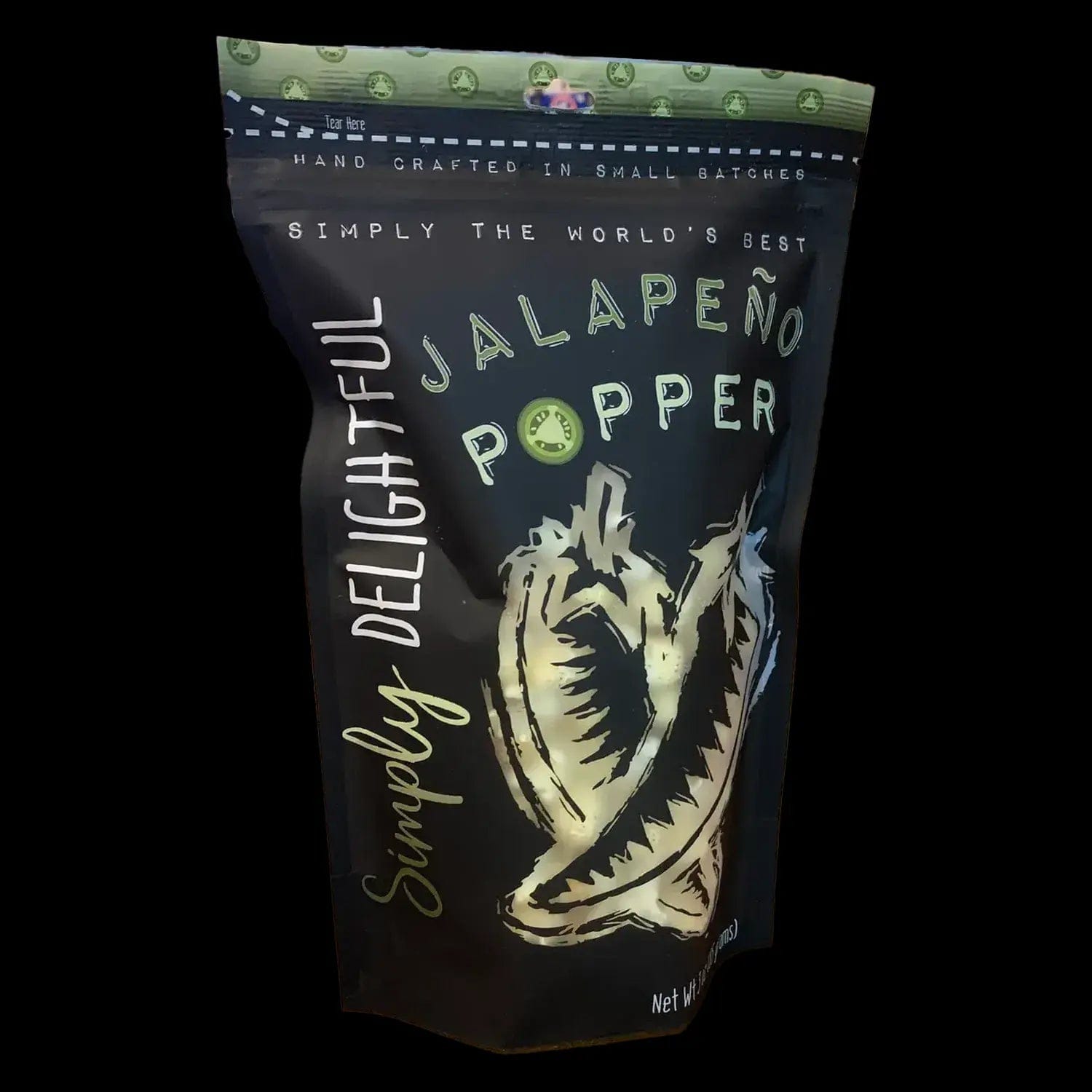 A close-up of Simply Delightful Jalapeno Popper Popcorn in a branded bag, with bold text against a dark background.
