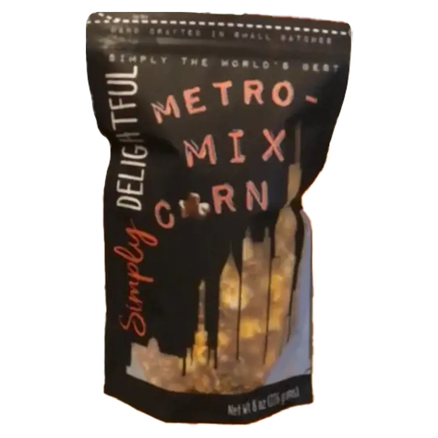 A front view of the Simply Delightful Metro Mix Popcorn packaging, displaying a dark label with bold, white text.