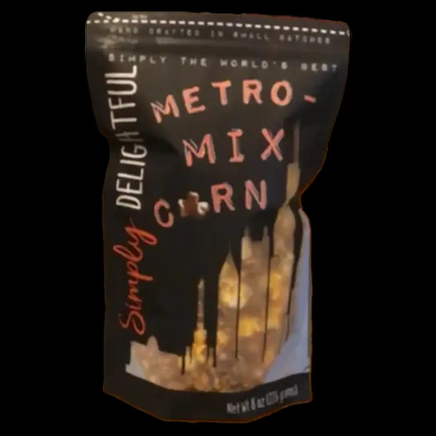Front view of the Simply Delightful Metro Mix Popcorn bag, featuring bold text on a dark background.