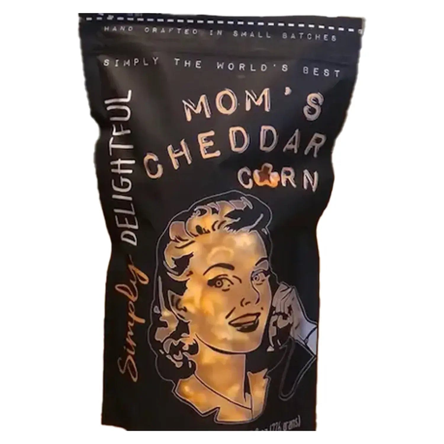 A front view of Simply Delightful Mom's Cheddar Popcorn packaging with simple graphics on a white background.
