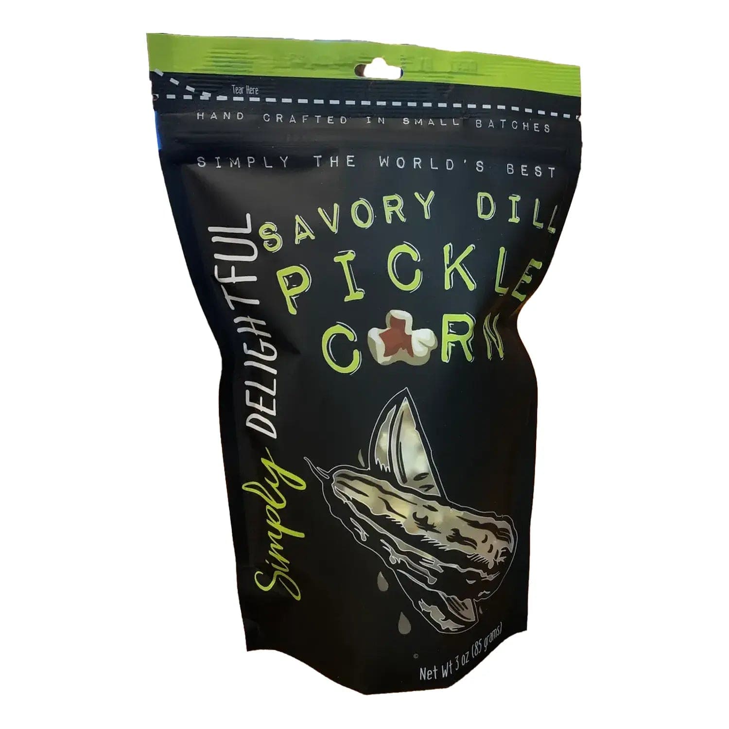A close-up of the Simply Delightful Savory Dill Pickle Popcorn bag with a tear strip across the top.