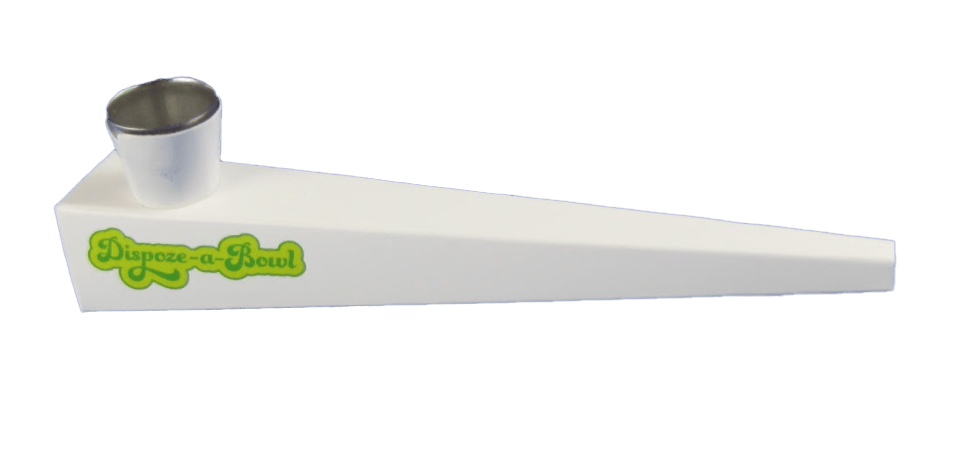 Angled side view of The Dispoze-a-Bowl® 25 Pack: Fresh, Clean, & Convenient Smoking Pipes with Stainless Steel Bowl showing a white tapered pipe with a metal bowl and green logo.
