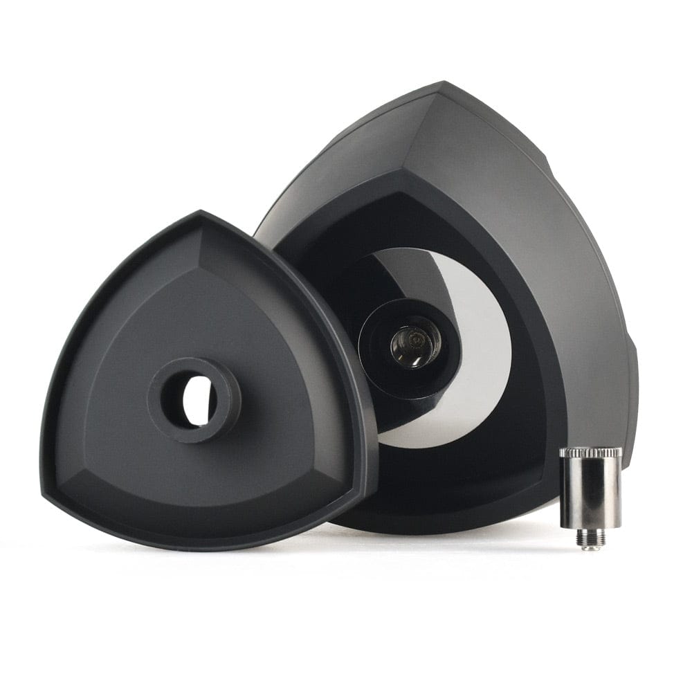 Front-angle view of the black Pulsar Sipper Wax & 510 Cartridge Vaporizer Bubbler showing two triangular shell pieces and a small metal 510 adapter on a white background