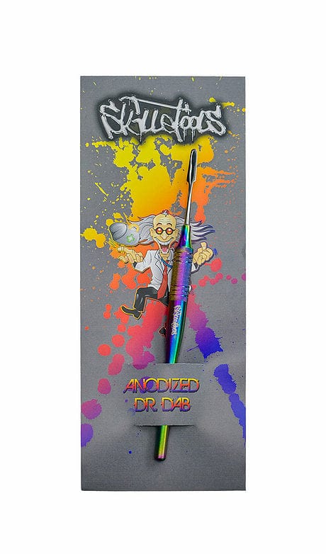 A close-up of the Anodized Dr. Dab Dabber, showing its metallic finish against a textured gray backdrop.