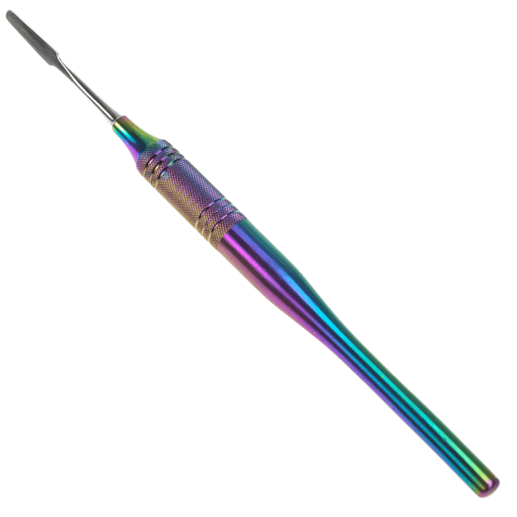 A close-up, angled view of the Anodized Dr. Dab Dabber featuring a metallic, iridescent finish.