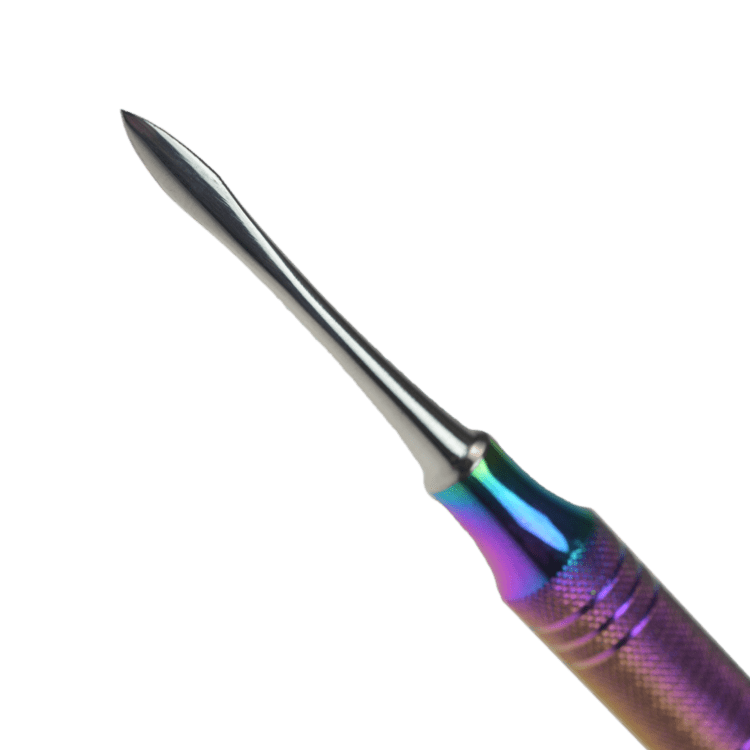 Close-up view of the Anodized Honeybun Dabber, showing its metallic tip and textured handle against a dark background.