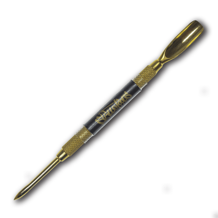 A close-up view of the Gold Digger Dabber with a gold-toned tip and textured black handle.