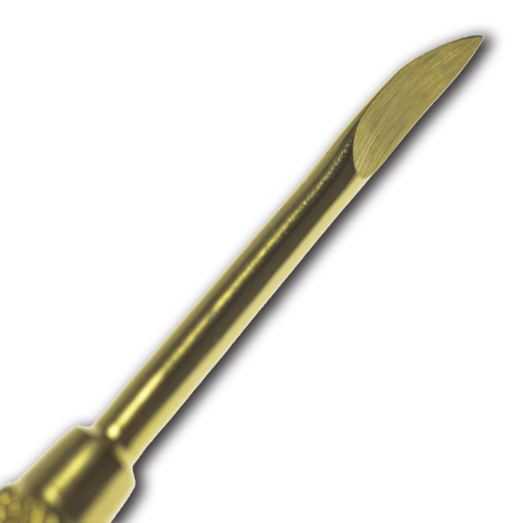 A close-up, angled view of the Gold Digger Dabber, showcasing its sleek, metallic finish and pointed tip.