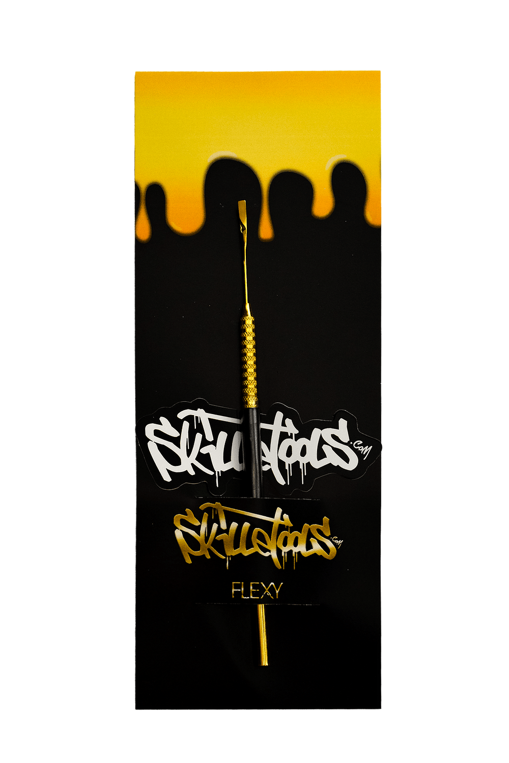 Front view of the Gold Flexy Dabber with a metallic gold finish, set against a dark, blurred background.