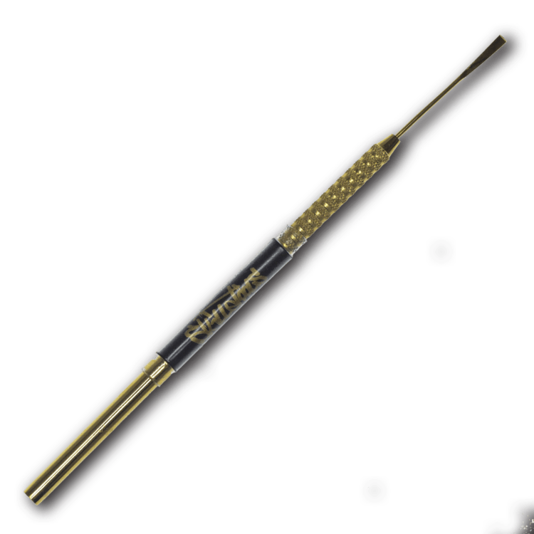 A close-up view of the Gold Flexy Dabber, showcasing its sleek, metallic design against a plain white background.