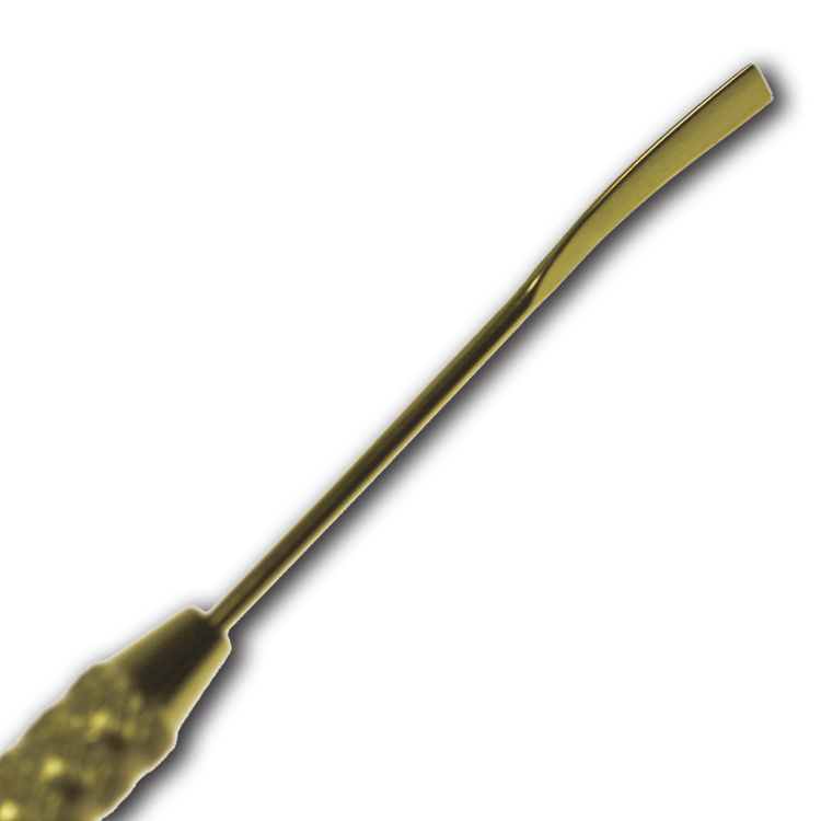 A close-up angled view of the Gold Flexy Dabber, showcasing its curved metallic tip and slender design.