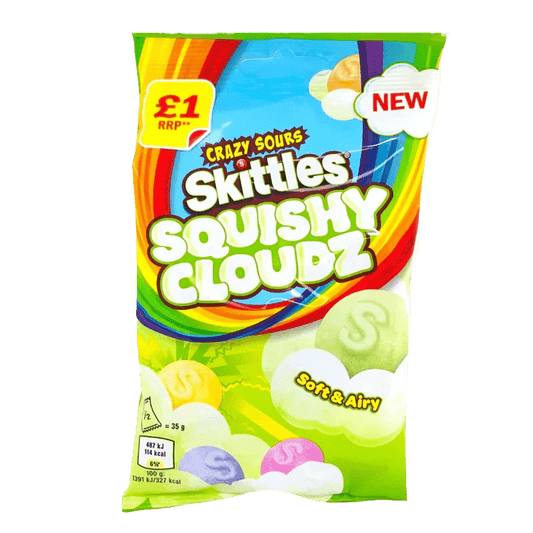 A brightly colored package of Skittles - Crazy Sours Squishy Cloudz is displayed at a slight angle, featuring a "New" banner and price tag.