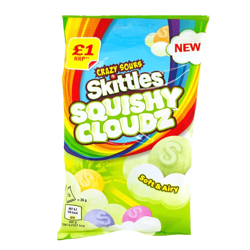 A brightly colored package of Skittles - Crazy Sours Squishy Cloudz is displayed at a slight angle, featuring a "New" banner and price tag.
