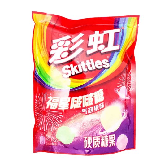 A close-up of Skittles - Fizzy Hard Candies with colorful text in a vibrant, angled composition.