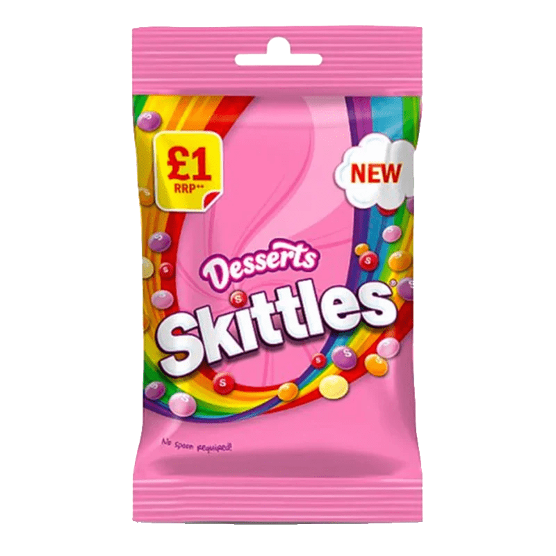 A front view of the colorful Skittles - Vegan Sweet Dessert Candy packaging with a price tag, set against a plain white background.