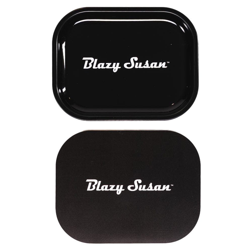 Top-down view of a small black Blazy Susan Metal Rolling Tray with lid, both glossy pieces showing the white "Blazy Susan" logo centered.
