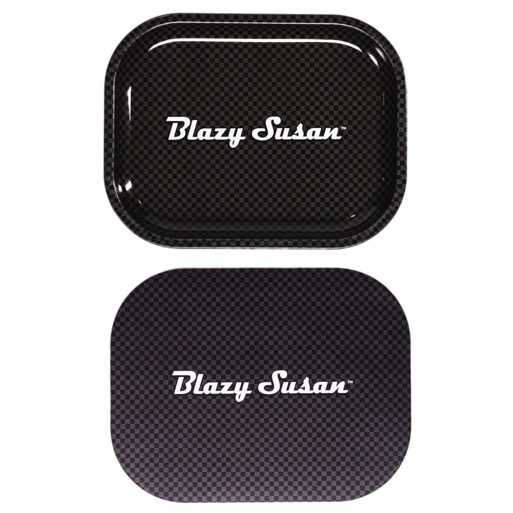 Top-down view of a medium Blazy Susan Metal Rolling Tray with lid showing a dark checkerboard pattern and white Blazy Susan logo.