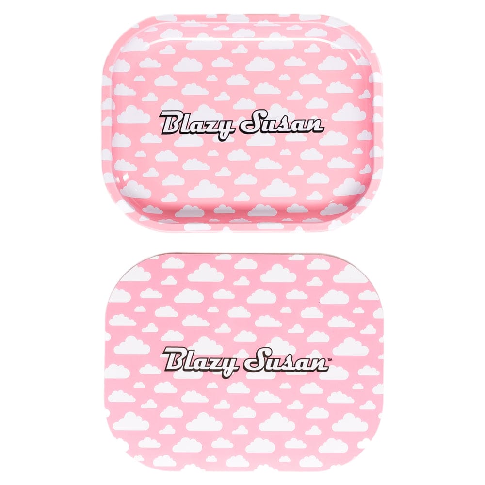 Top-down view of two pink cloud-patterned Blazy Susan Metal Rolling Tray pieces, the lid above and the tray below centered on a white background.