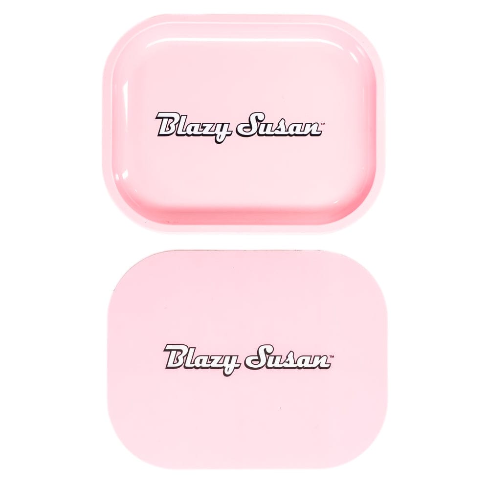 Top-down view of two matching pink Blazy Susan Metal Rolling Tray pieces, the lid and base aligned vertically on a white background.